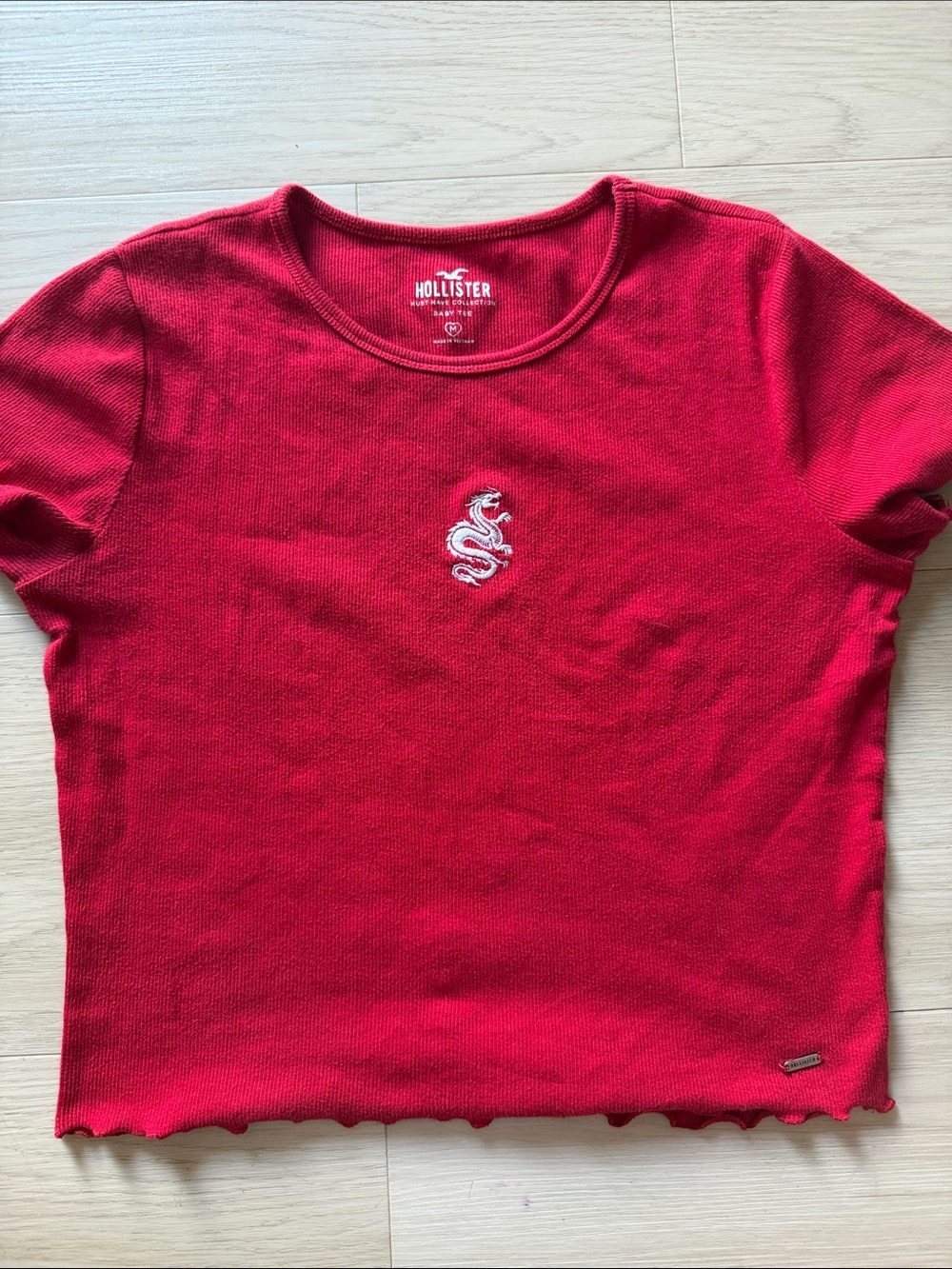 Hollister Red Ribbed Short-Sleeve Tee with Snake Patch